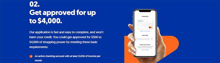 A promotional image showcasing a financial service offering approval for up to $4,000. The image features a hand holding a smartphone that displays a credit card application interface. Beside the smartphone, text outlines the benefits, such as fast and easy approval without harming credit, and basic requirements like an active checking account with at least $1,000 monthly income.