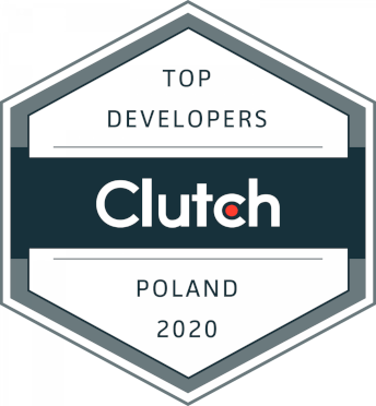 Clutch Top Developers Poland 2020 award badge, featuring a hexagonal design with a dark blue center and white text.